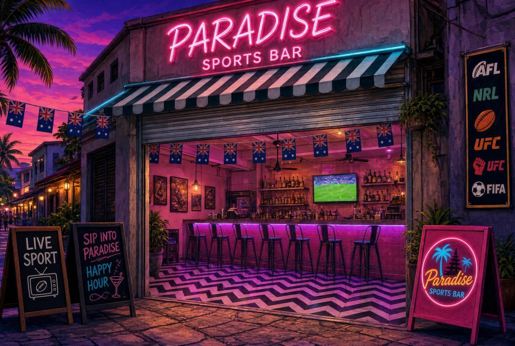 Paradise Sports Bar on Jl. Kayu Jati — open takeaway window, pink neon badge, Aussie flags