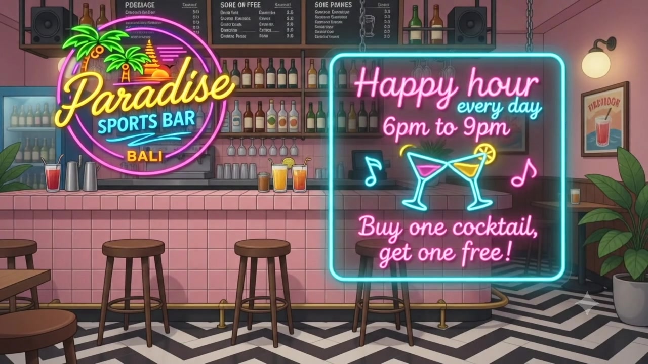 Illustrated pink tiled bar with neon happy hour cocktail sign