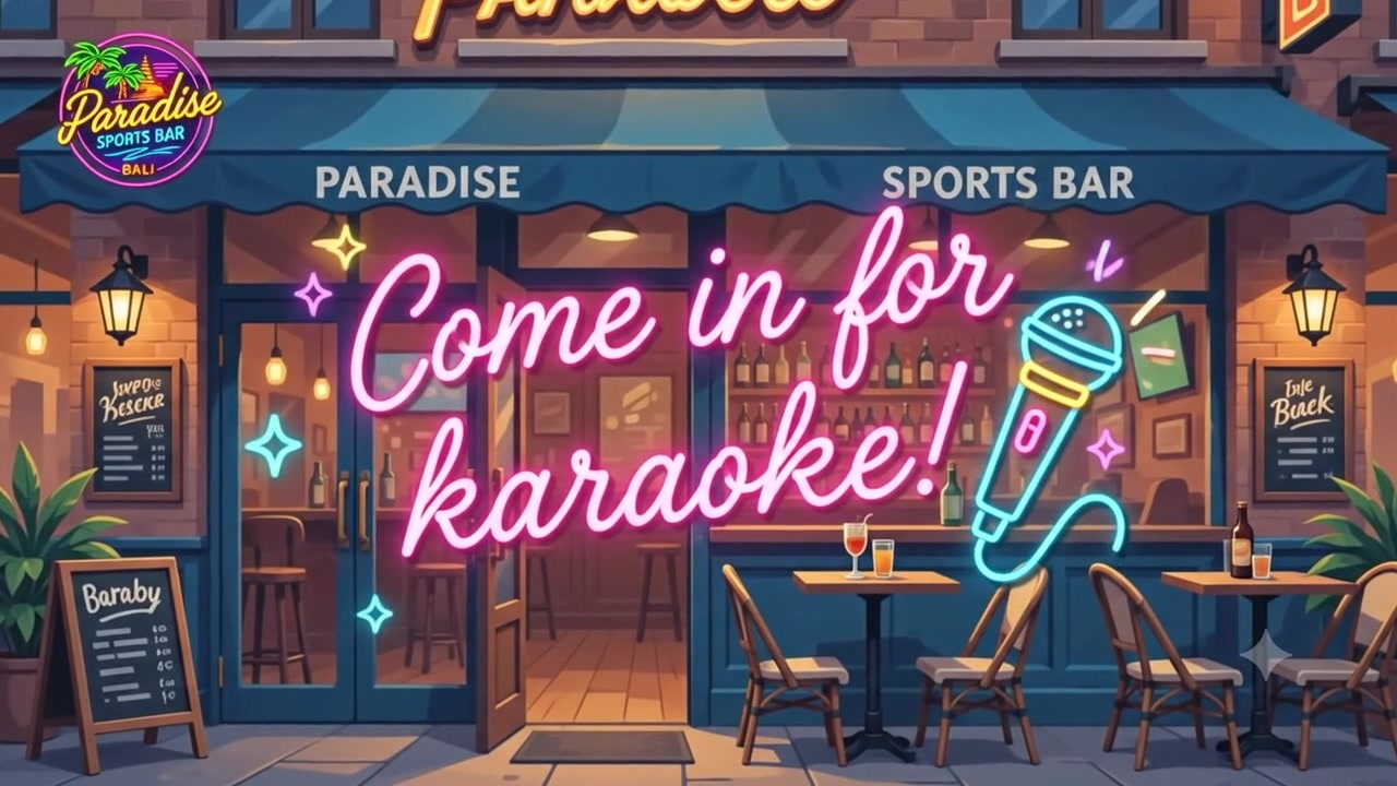Illustrated night facade with Come in for karaoke lettering